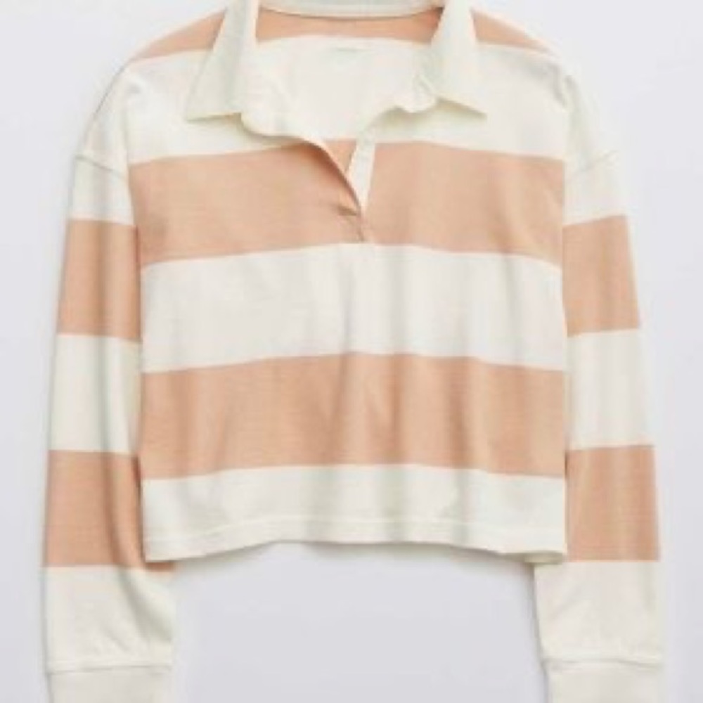 Aerie collared tan and white striped long sleeve shirt